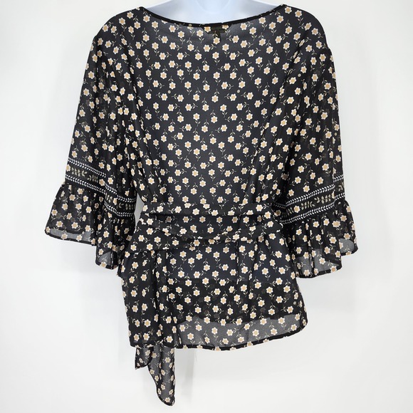 Max Studio Black Contemporary Floral Wrap Blouse Womens Large Cottage Career - Picture 4 of 7